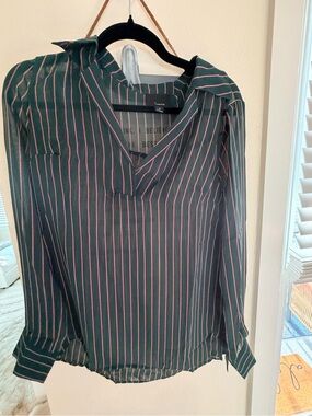 Lumiere Forest Green Blouse with Pink Pinstripes